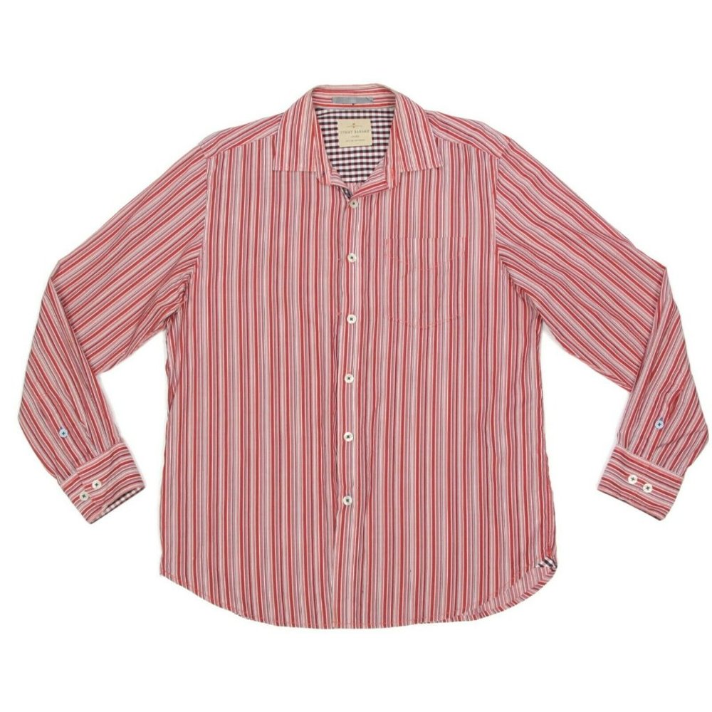 Tommy Bahama Jeans Red Striped Shirt Button Down Gingham Flip Cuff sz Medium 331